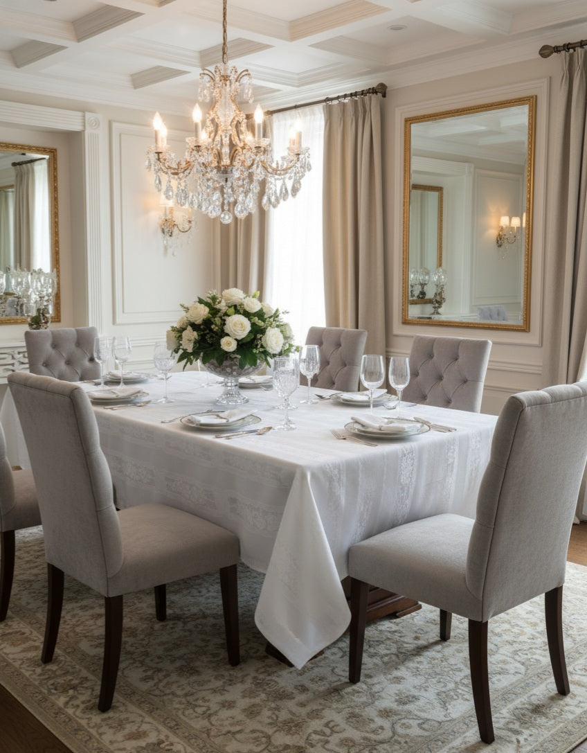 Tovaglia di Lusso Rubino Jacquard Misto Lino - Design Tela Aida - 6 o 12 posti (Bianco/Avorio)