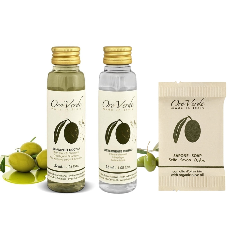 Set Cortesia Hotel Lusso Oroverde con Shampoo Doccia 2 in 1 e Igiene Intima Made in Italy