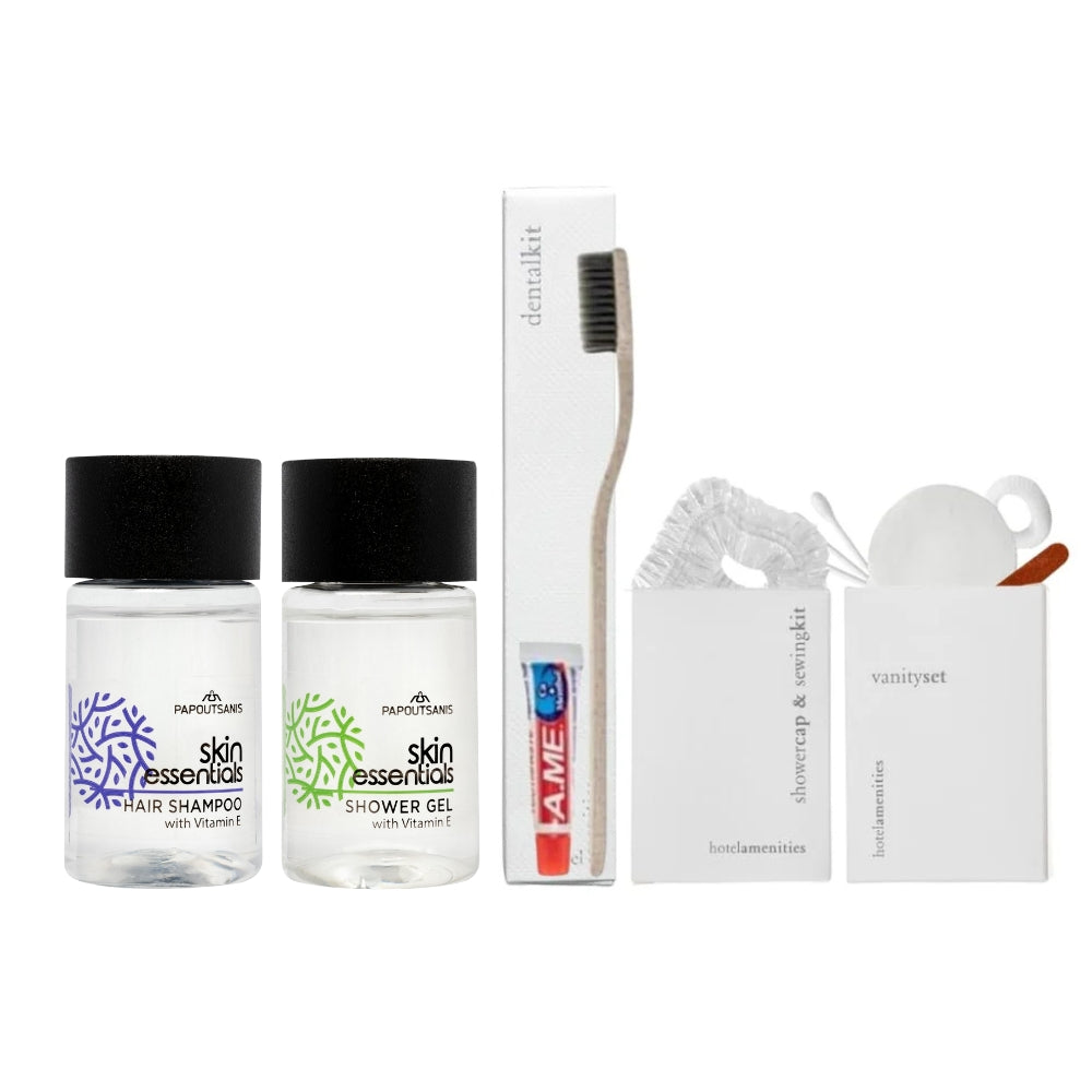 Kit Cortesia Skin Essentials 20 ml con set denti, cuffia doccia, kit cucito e vanity set