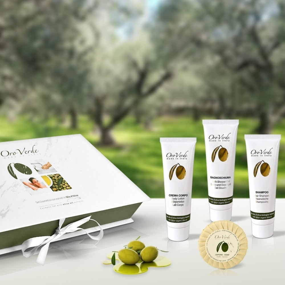 Gift box with cosmetics with organic Italian olive oil
