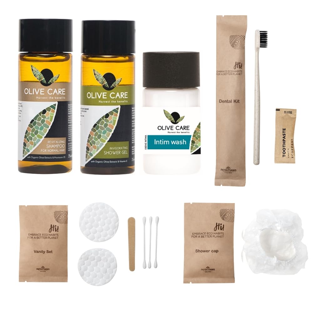 Set cortesia bagno all'olio di oliva completo di shampoo, bagnoschiuma, igiene intima, set spazzolino e dentifricio, cuffia doccia, set cosmetico