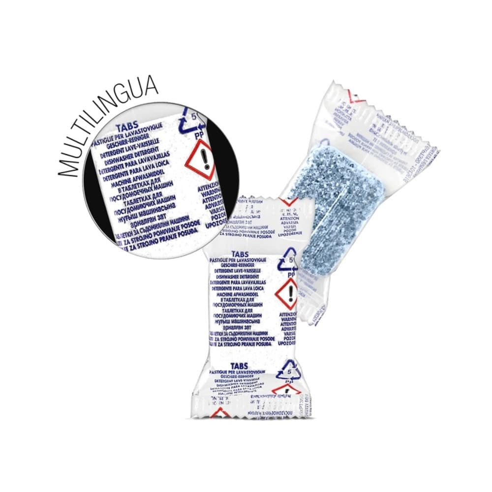 Pastiglie Tabs Lavastoviglie confezionate singolarmente in bustina multilingua