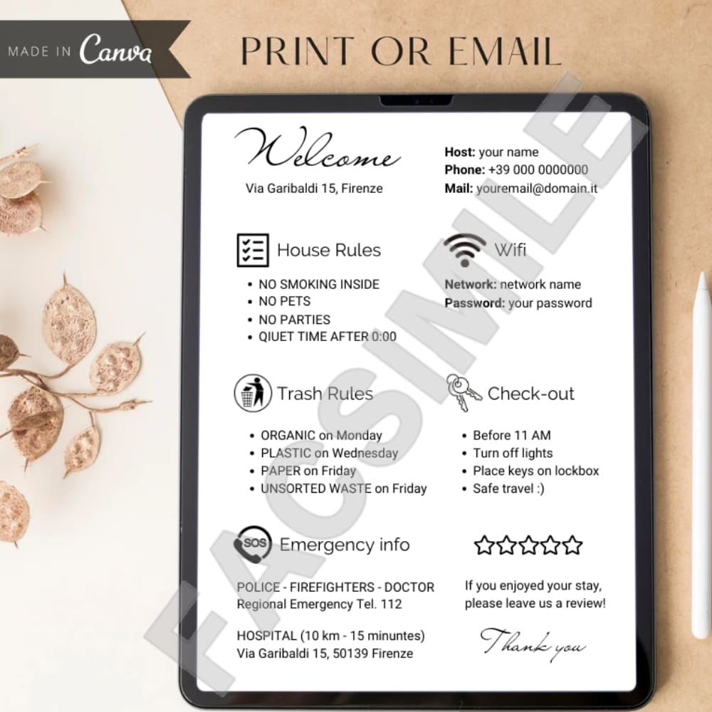 Modello Poster di Benvenuto Info utili e Regole della casa per gli ospiti
