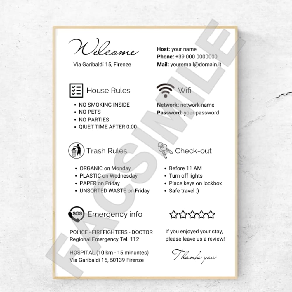 Modello Poster di Benvenuto Info utili e Regole della casa per gli ospiti