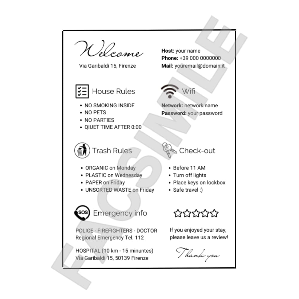 Modello Poster di Benvenuto Info utili e Regole della casa per gli ospiti