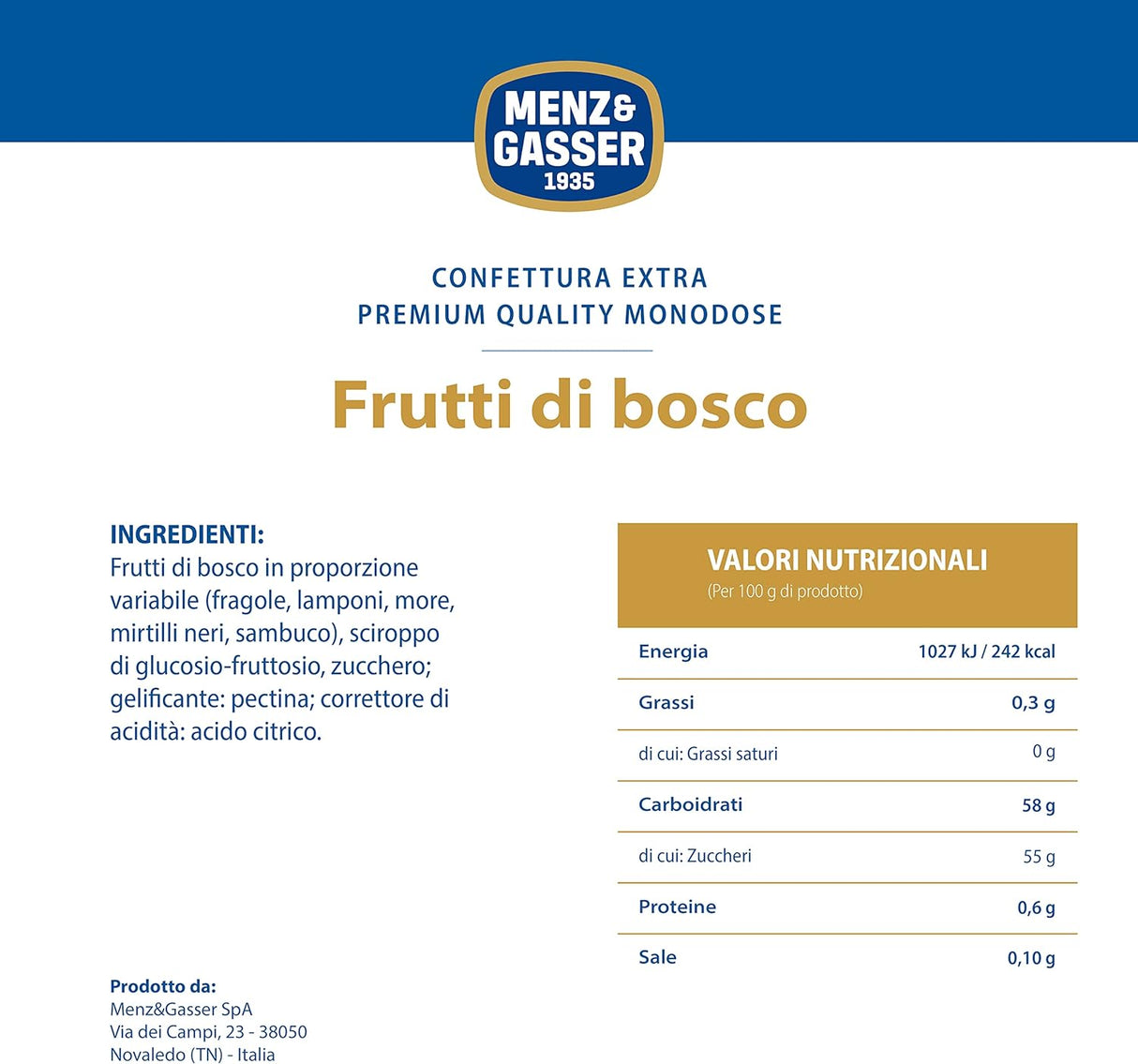 Confettura Extra di Frutti di Bosco Monodose Menz & Gasser 48 vasetti per 28 gr