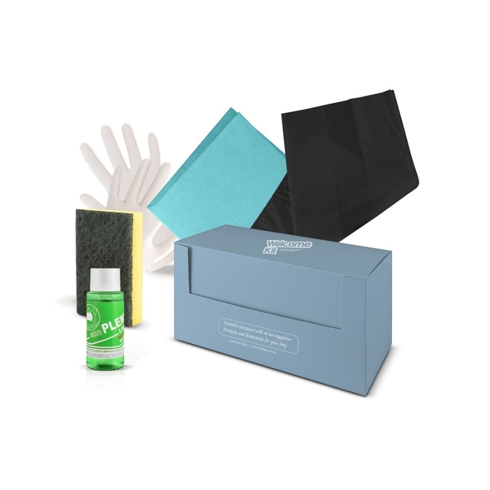 Welcome kit for guests with kitchen cleaning products