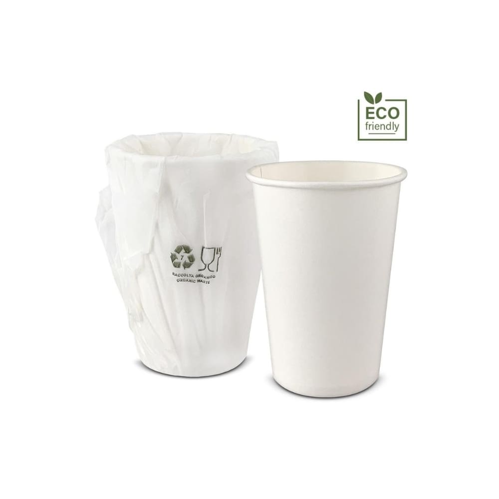 Bicchiere di carta bio in busta materbi biodegradabile confezione da 100 pezzi