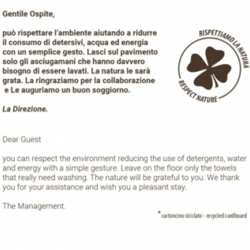 Ecology sign for bathroom countertop Hotel Italian and English