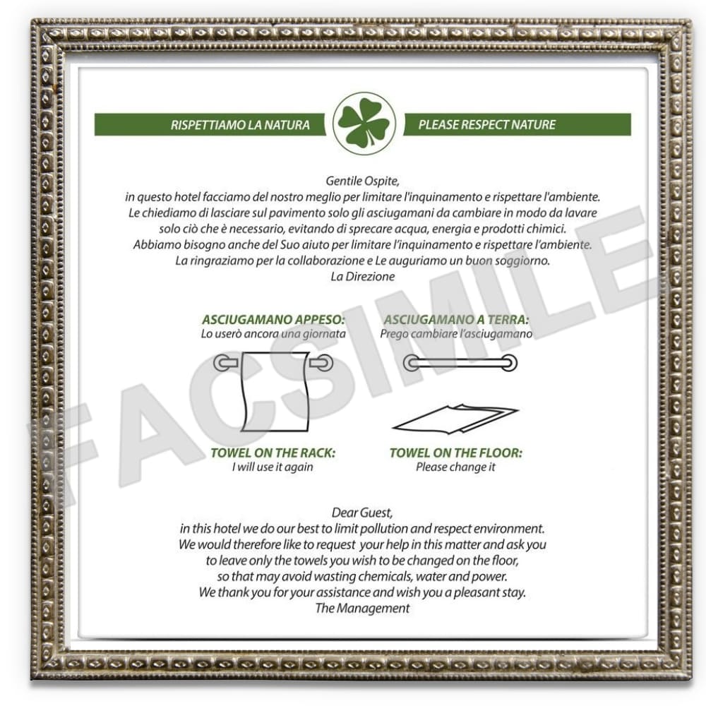Targa ecologia Hotel in PDF da stampare Italiano e Inglese