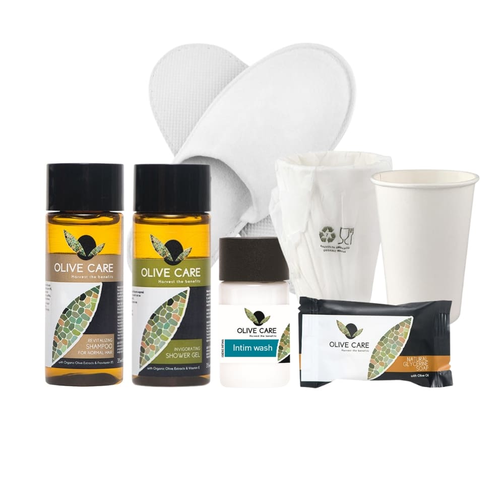Kit Cortesia Olive Care Premium con igiene intima, ciabattine e bicchiere imbustato