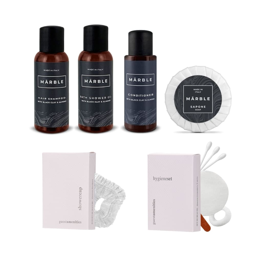 Marble Premium Gold Courtesy Kit with shower cap, sewing set and vanity set