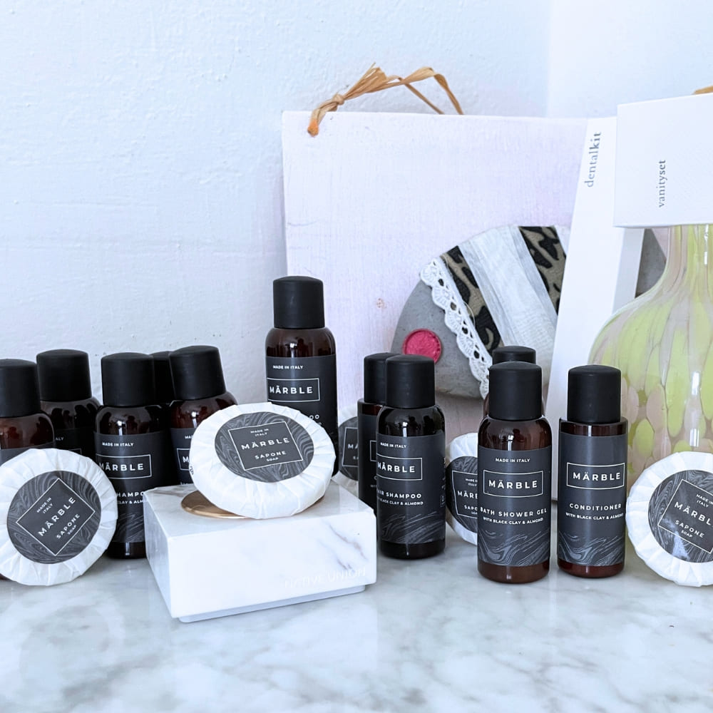 Marble Premium Gold Courtesy Kit with shower cap, sewing set and vanity set