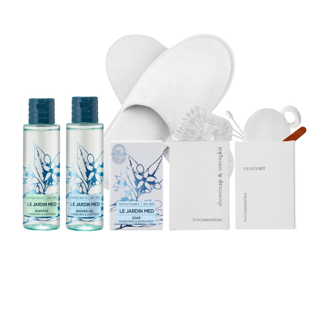Set Cortesia Le Jardin Med Premium Gold con ciabatte, cuffia doccia, kit cucito e vanity set