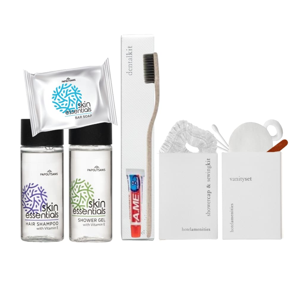 Set Cortesia Skin Essentials Gold Amenities con set denti, cuffia doccia, kit cucito e vanity set