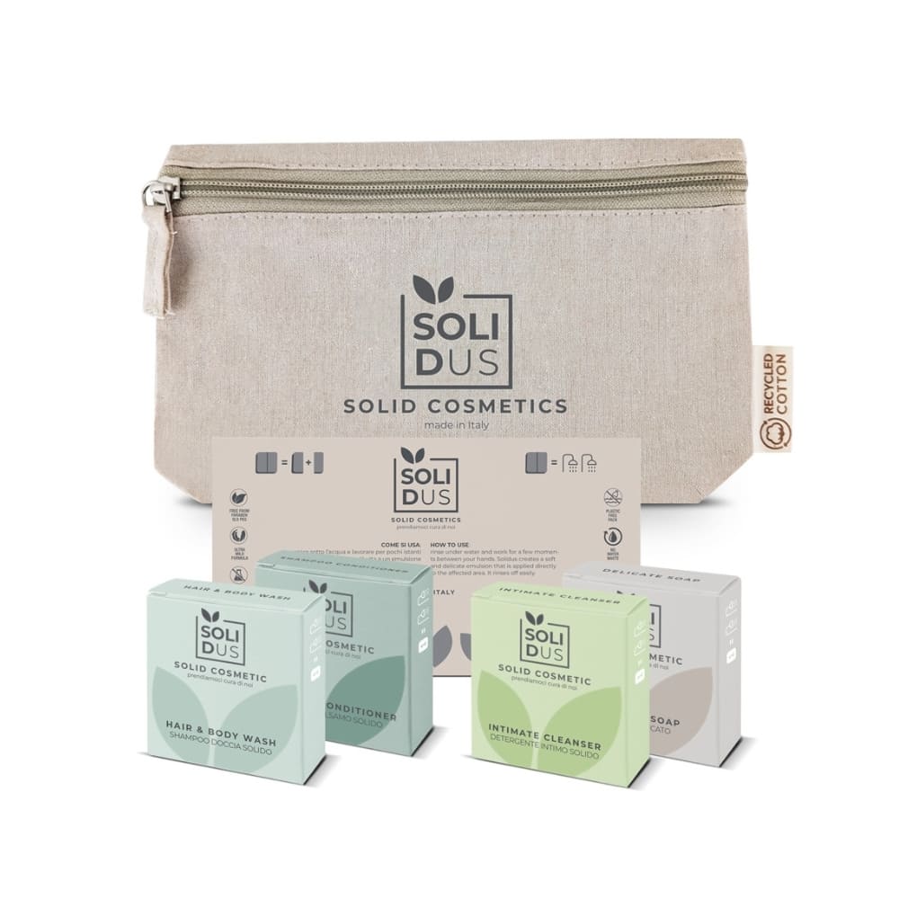 Kit cortesia cosmetici solidi in pochette con talloncino descrittivo