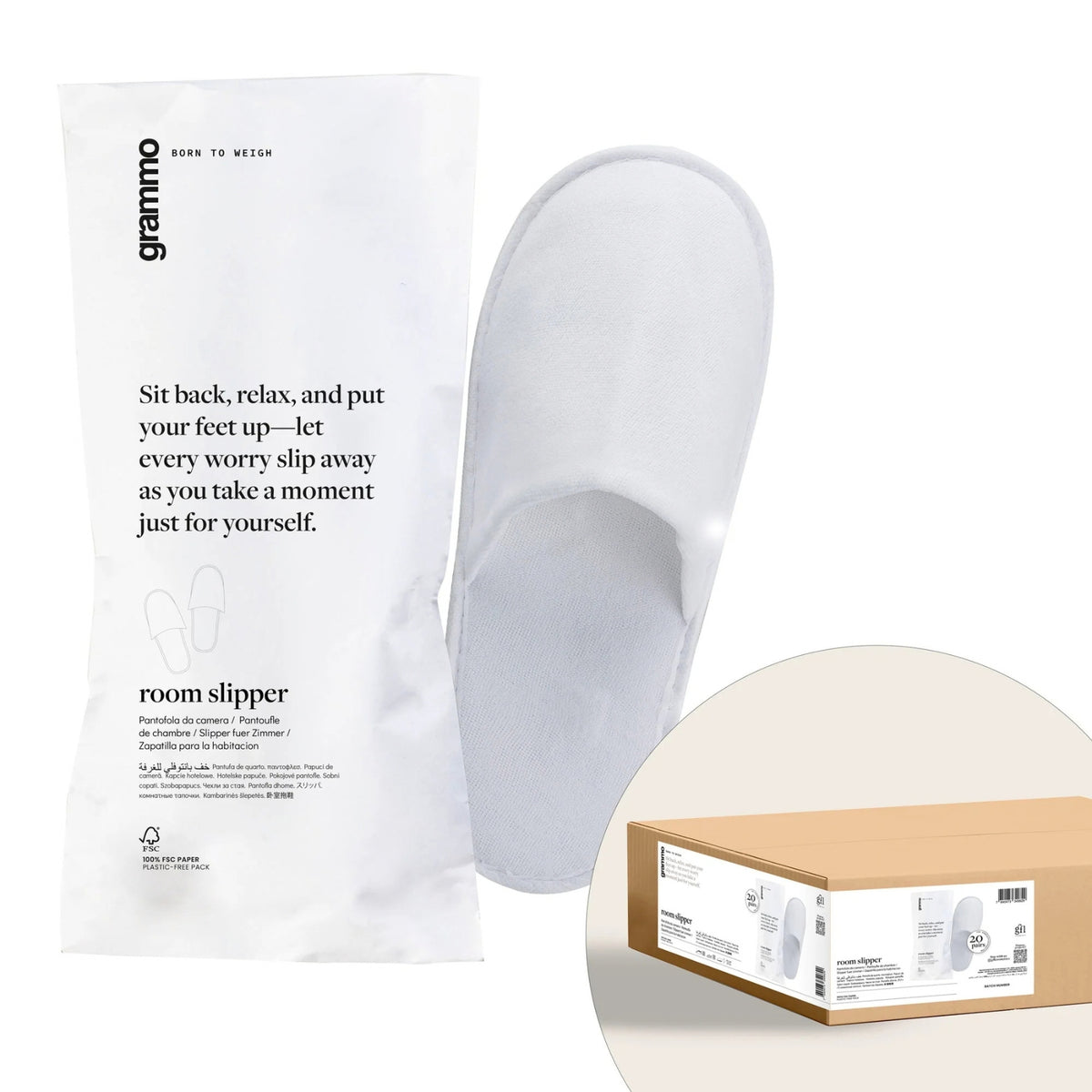 Pantofole Deluxe Hotel e B&B Chiuse in Spugna confezionate in bustina flowpack di carta FSC 100% certificata