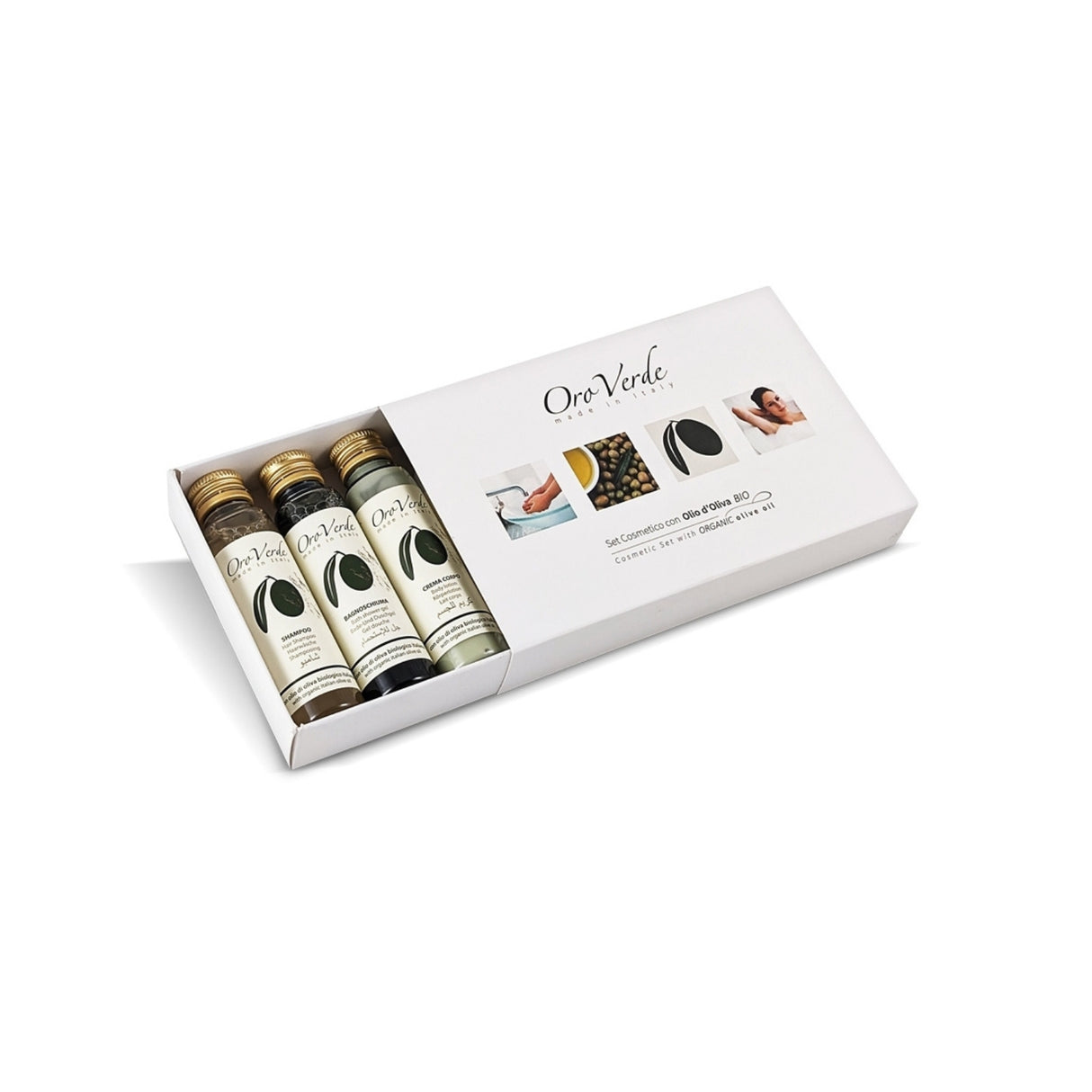Set Cosmetico Mini OroVerde in Cofanetto - Welcome Kit di Benvenuto per Ospiti, Set Cortesia Hotel e B&B, Idea Regalo, Cosmetici con Olio di Oliva