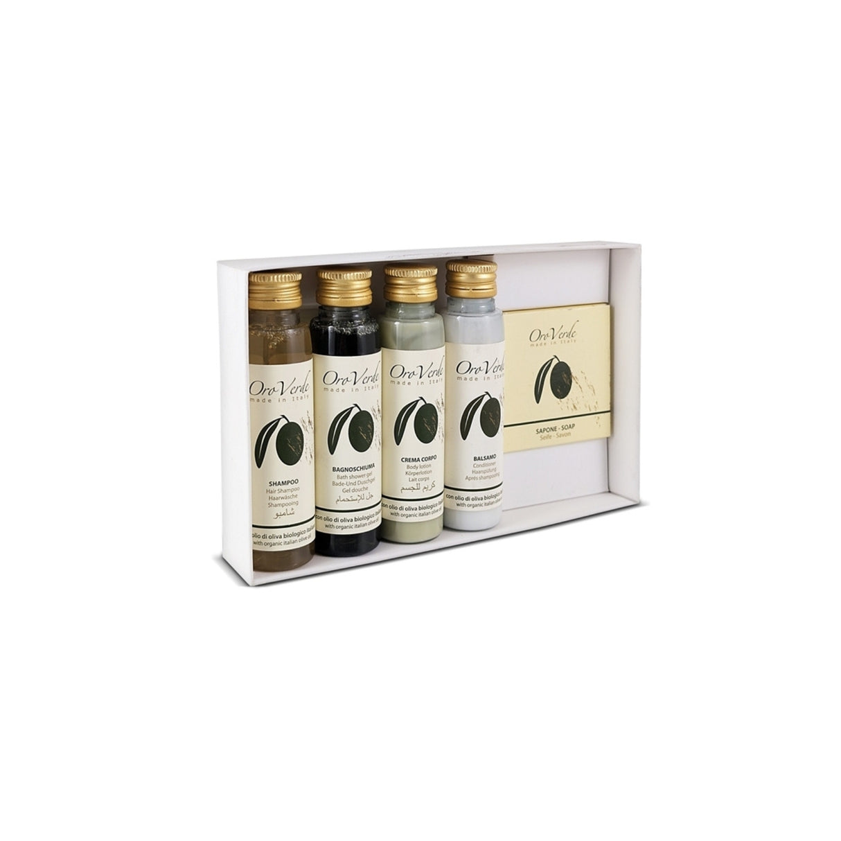 Set Cosmetico Mini OroVerde in Cofanetto - Welcome Kit di Benvenuto per Ospiti, Set Cortesia Hotel e B&B, Idea Regalo, Cosmetici con Olio di Oliva