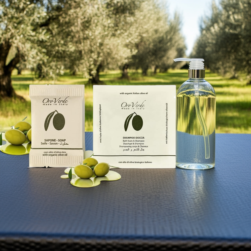 Oroverde courtesy set in paper bag Shampoo Shower and Soap Made in Italy