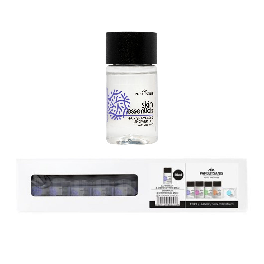 Shampoo Doccia & Shower Gel 2 in 1 Monodose Hotel e B&B Skin Essentials Flacone 20 ml - Confezione da 50 pezzi