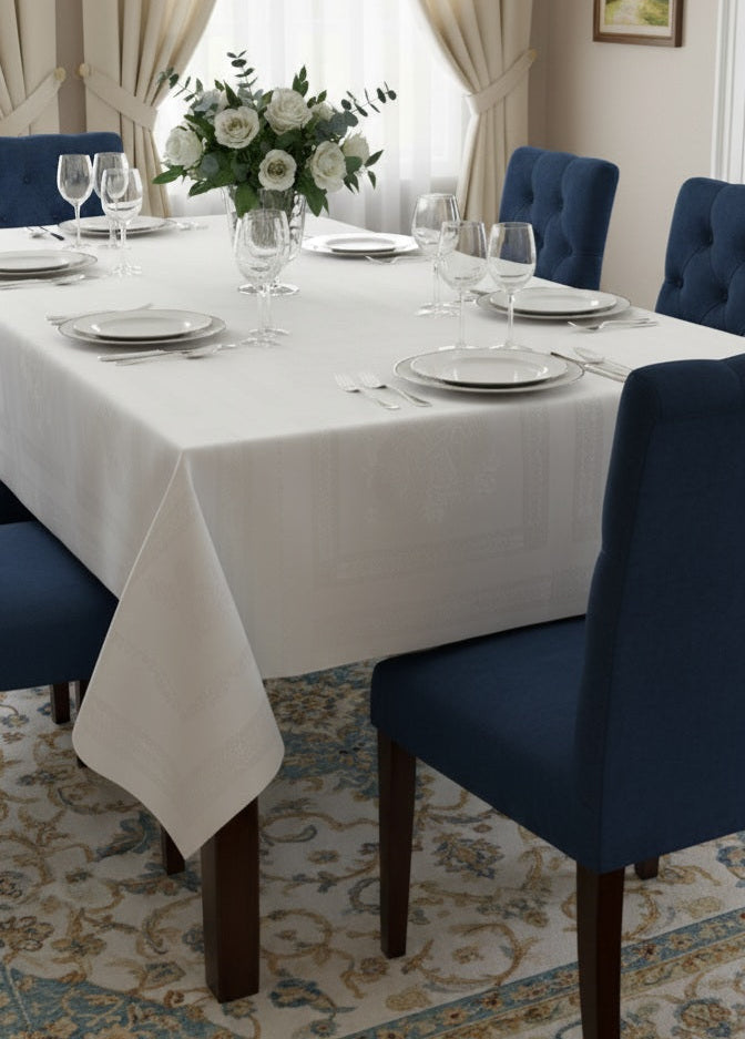 Tovaglia di Lusso Rubino Jacquard Misto Lino - Design Tela Aida - 6 o 12 posti (Bianco/Avorio)