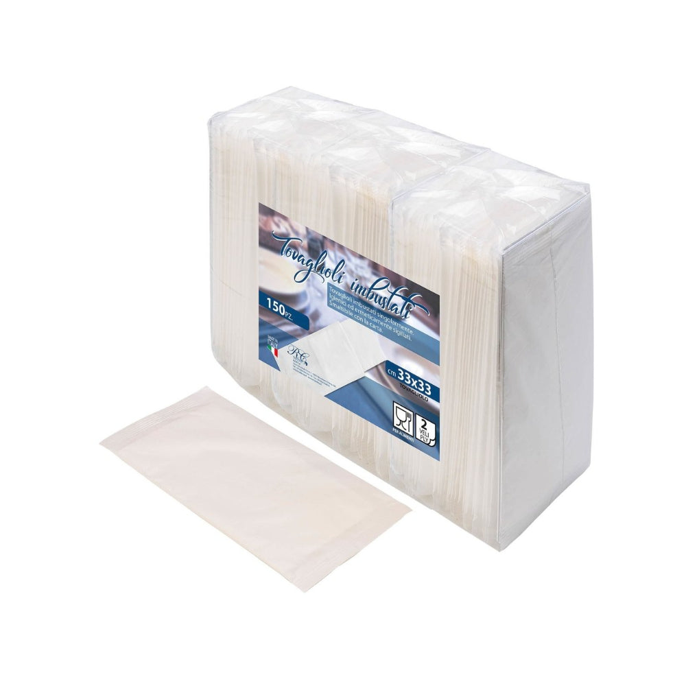 Tovaglioli bianchi 2 veli imbustati singolarmente Confezione da 150 pezzi
