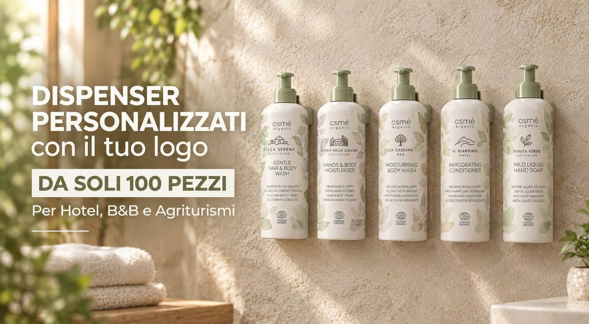 Dispenser personalizzati con il tuo logo per Hotel, B&B e agriturismi: da soli 100 pezzi