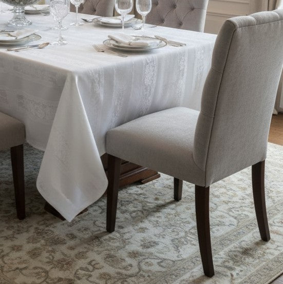 Tovaglia di Lusso Rubino Jacquard Misto Lino - Design Tela Aida - 6 o 12 posti (Bianco/Avorio)