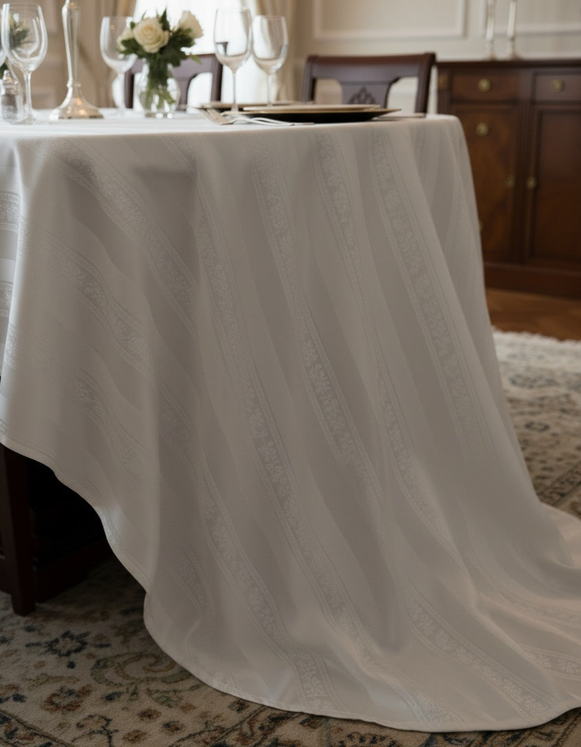 Tovaglia di Lusso Rubino Jacquard Misto Lino - Design Tela Aida - 6 o 12 posti (Bianco/Avorio)