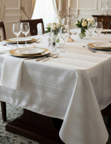 Tovaglia di Lusso Rubino Jacquard Misto Lino - Design Tela Aida - 6 o 12 posti (Bianco/Avorio)
