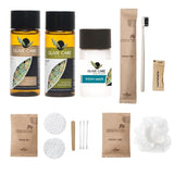 Set cortesia bagno all'olio di oliva completo di shampoo, bagnoschiuma, igiene intima, set spazzolino e dentifricio, cuffia doccia, set cosmetico