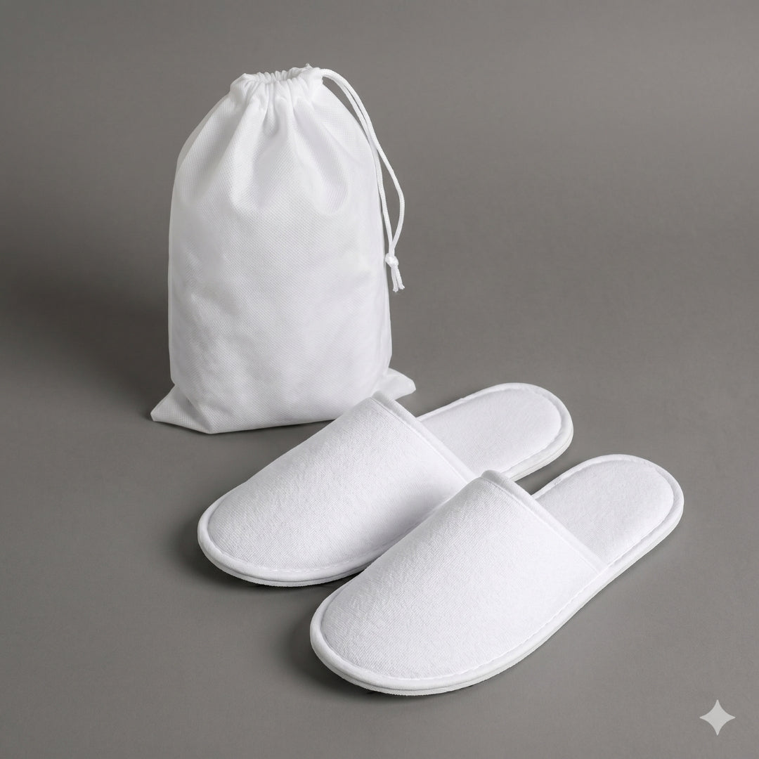 Ciabatte per Hotel e B&B in Spugna con suola antiscivolo, confezionate in elegante bustina eco-friendly con laccetti di chiusura