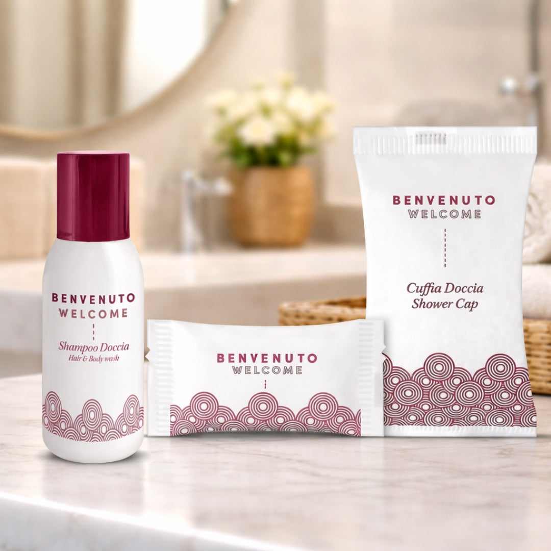 Kit Cortesia Hotel Linea Welcome - Shampoo Doccia, Saponetta e Cuffia Doccia - Set benvenuto ospiti