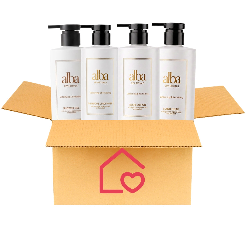 Kit Dispenser monouso Shower Gel, Shampoo e Balsamo, Body Lotion e Sapone mani Eco-Premium Alba Spa Rituals 450 ml - Hotel, B&B e Luxury Rooms