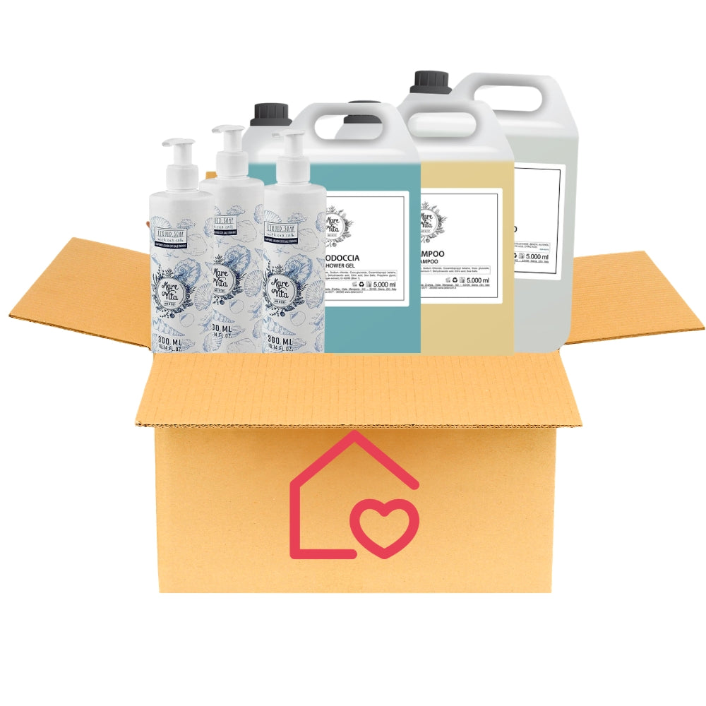 Kit Dispenser Hotel Shampoo, Bagnoschiuma, Sapone Mani + Ricariche 5L - Linea Cortesia Marevita