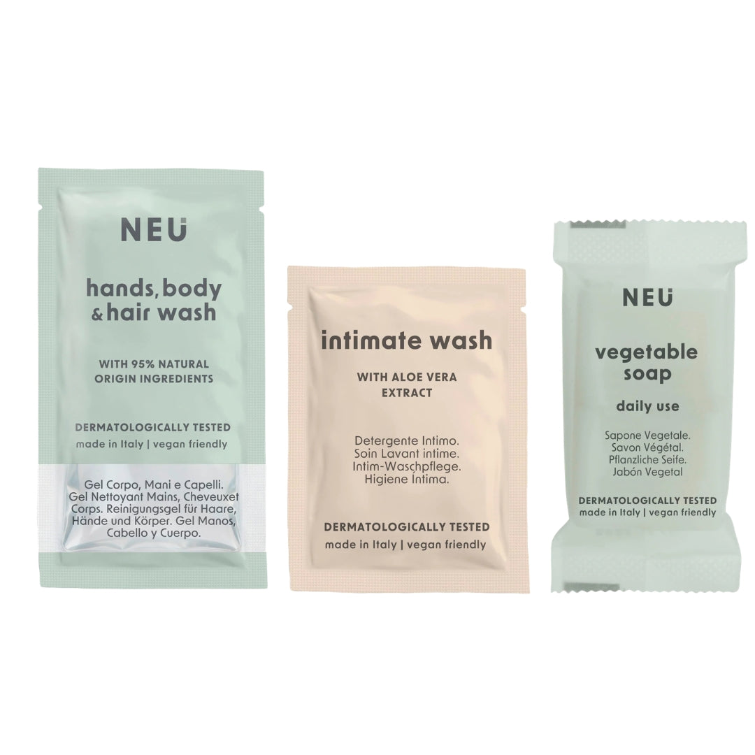 Kit cortesia economico NEU - Shampoo Doccia, Detergente Intimo e Saponetta - Made in Italy