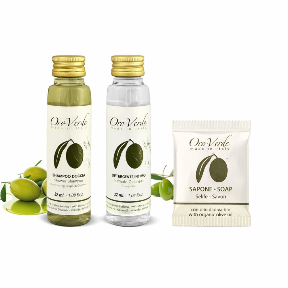 Set Cortesia Hotel Lusso Oroverde con Shampoo Doccia 2 in 1 e Igiene Intima (Made in Italy)