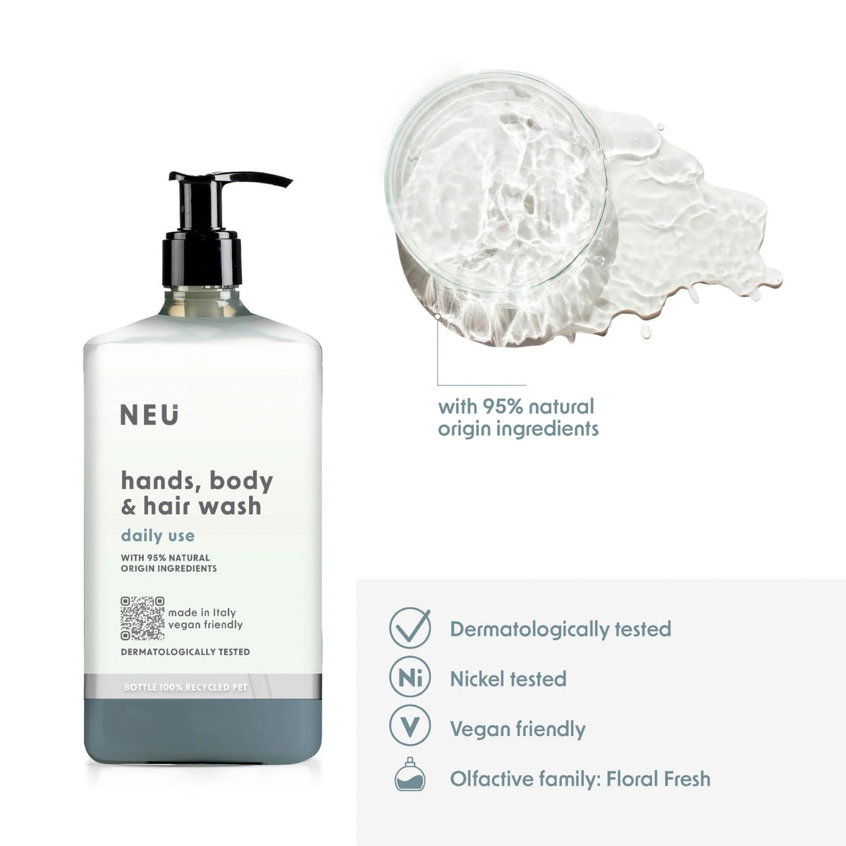 Dispenser Neu 3 in 1  Gel Mani, Corpo & Capelli Formato Maxi (600 ml) - Made in Italy