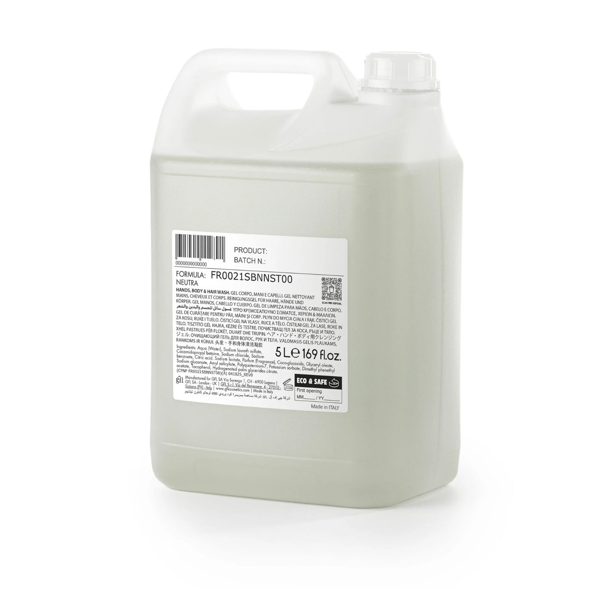 Tanica di ricarica Neu 3 in 1  Gel Mani, Corpo & Capelli (5 L) - Made in Italy