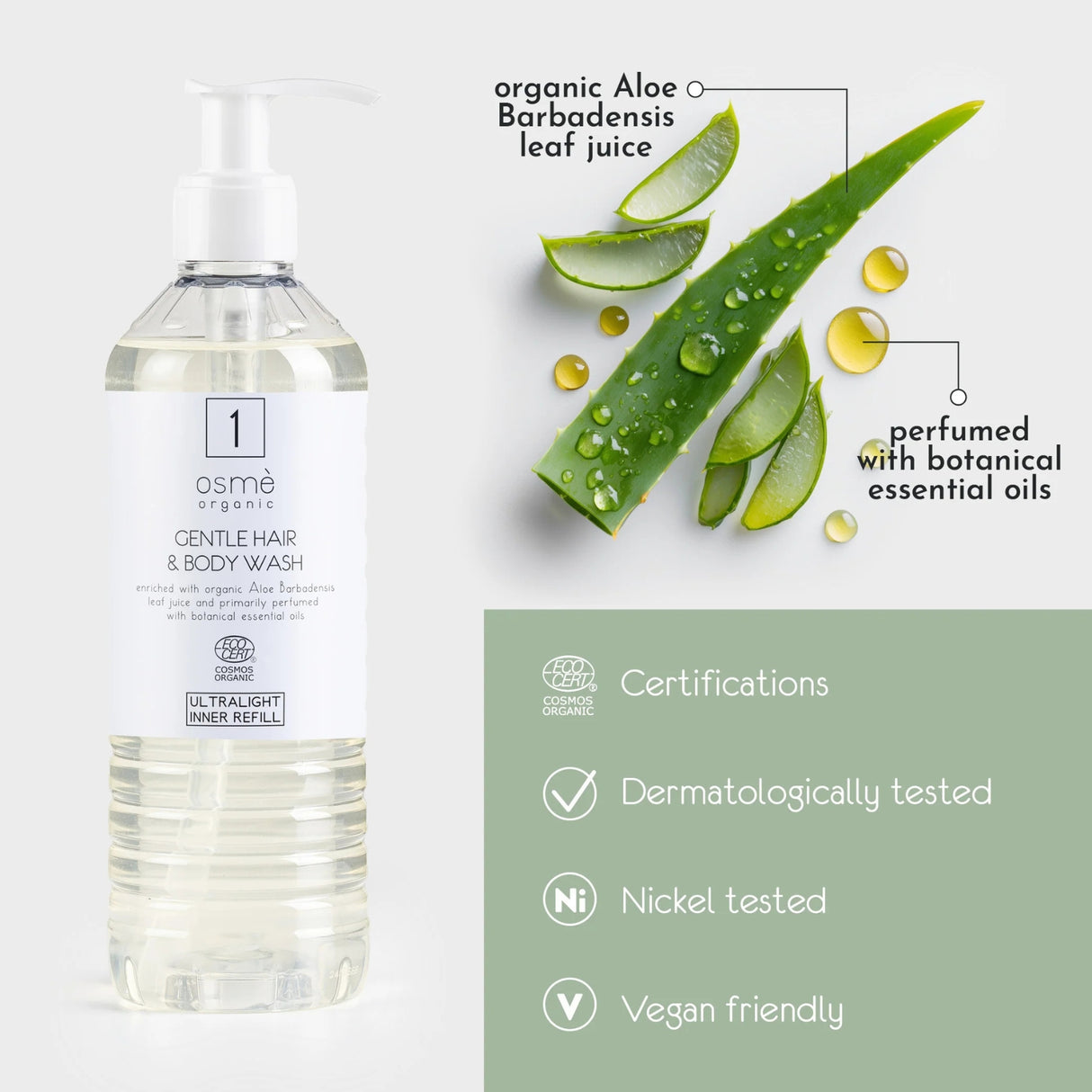 Osmè Cartuccia Dispenser Shampoo Doccia delicato Capelli e Corpo per Ecover (370 ml) - Certificato Cosmos Organic Made in Italy