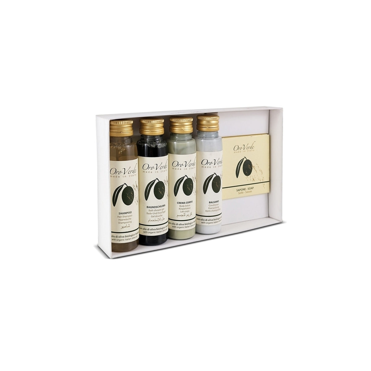 Set Cosmetico Mini OroVerde in Cofanetto - Welcome Kit di Benvenuto per Ospiti, Set Cortesia Hotel e B&B, Idea Regalo, Cosmetici con Olio di Oliva
