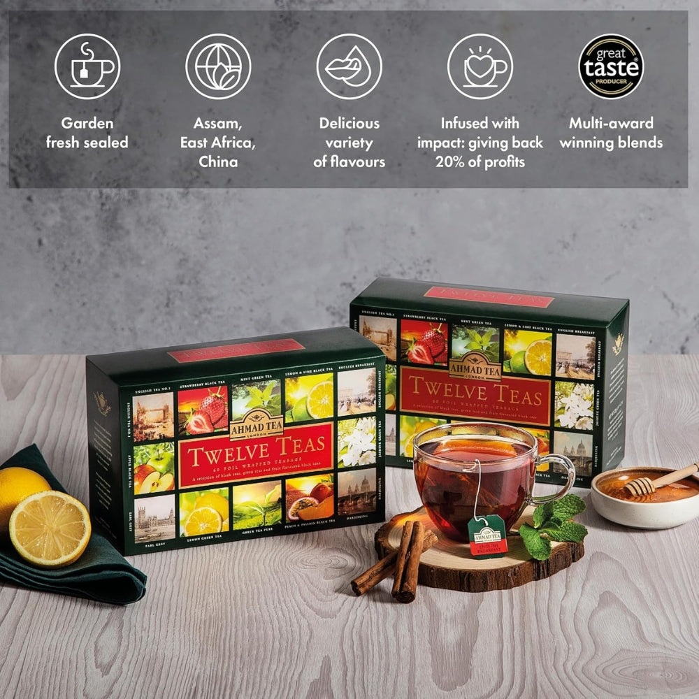 Cofanetto Ahmad Tea Twelve Selection - Tè Nero, Verde o alla frutta Confezione da 60 filtri