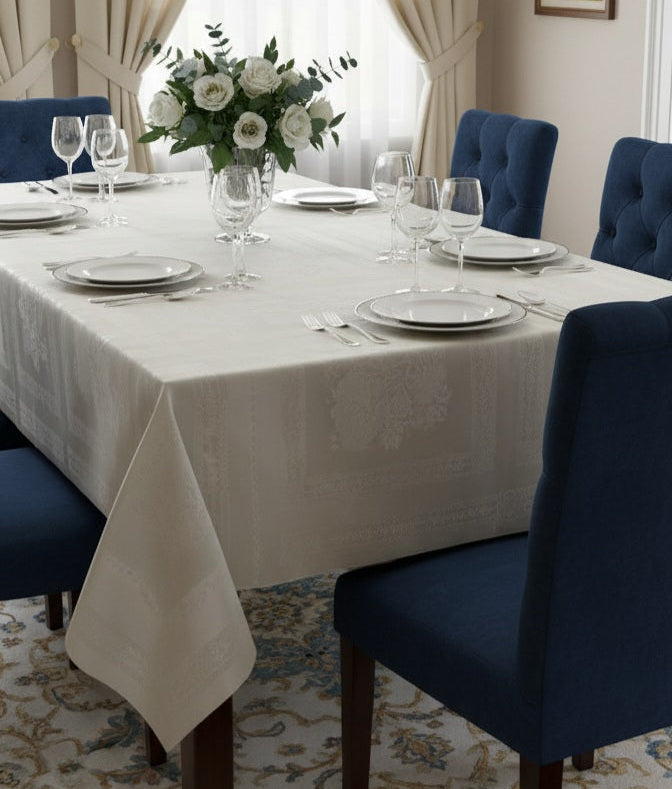 Tovaglia di Lusso Rubino Jacquard Misto Lino - Design Tela Aida - 6 o 12 posti (Bianco/Avorio)